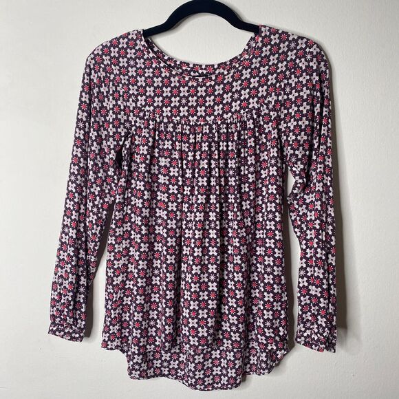 Ann Taylor Loft Purple Pink & White Flowy Blouse Long Sleeve Shirred Yoke XXSP - Picture 11 of 11